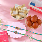 Two Designer Blue Rakhi Set With Kaju Katli & Gulab Jamun