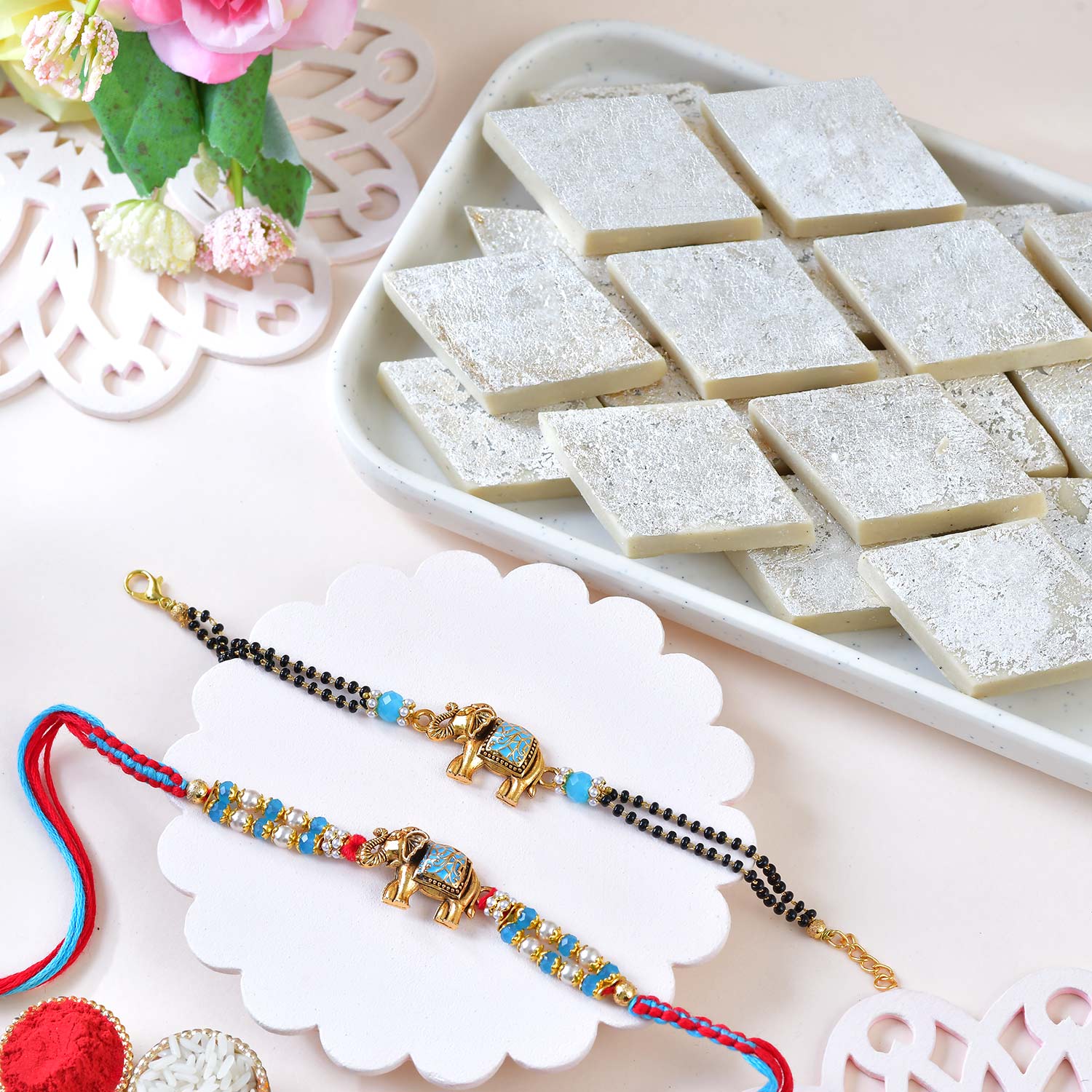 Premium Elephant Rakhi Set With Kaju Katli