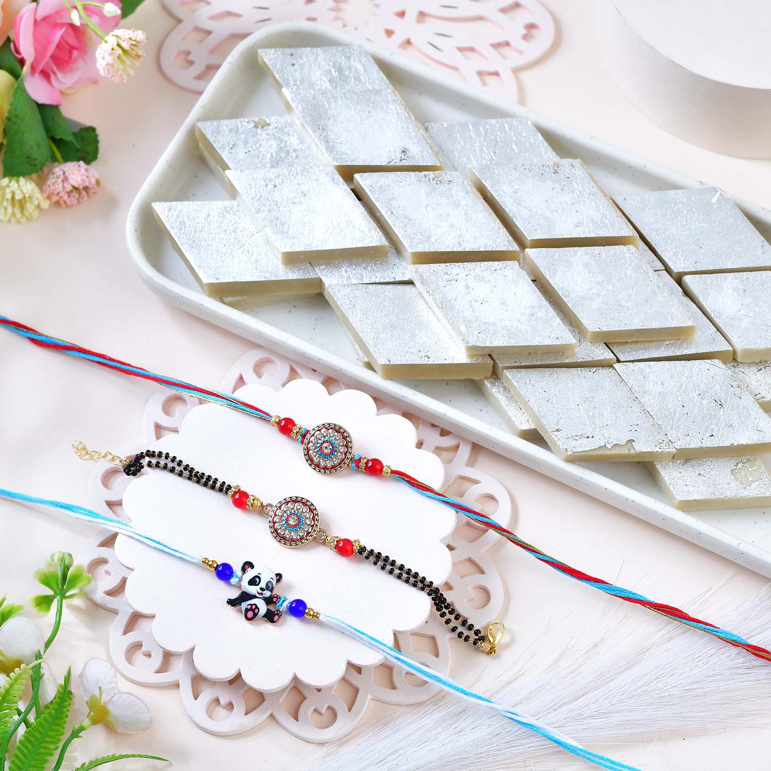 Bhai Bhabhi Bhatija 3 Rakhi Family Set With Kaju Katli