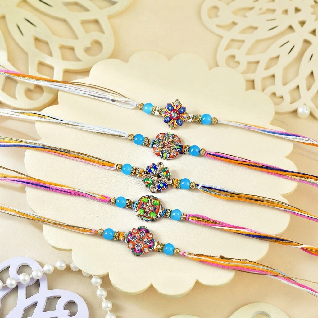 5 Designer Rakhi Set With Besan Laddu