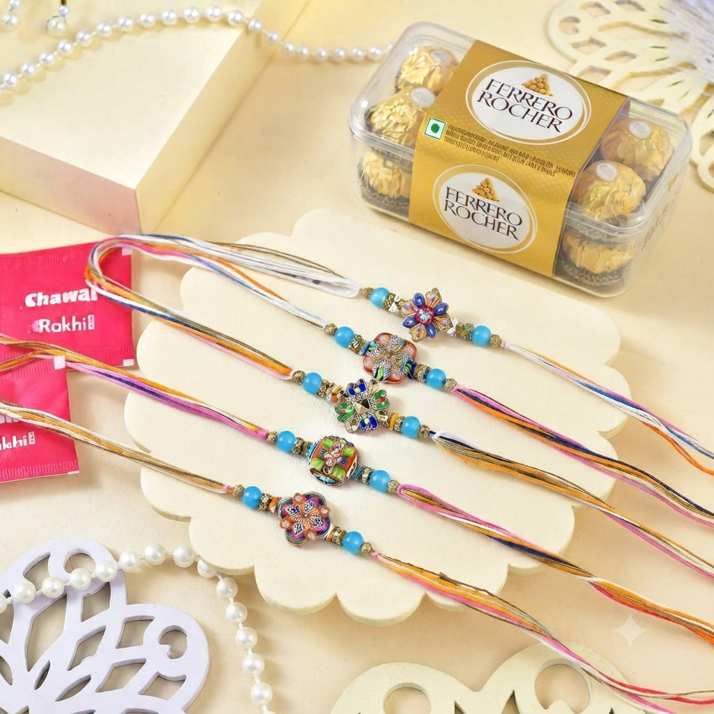 5 Designer Rakhi Set With Ferrero Rocher