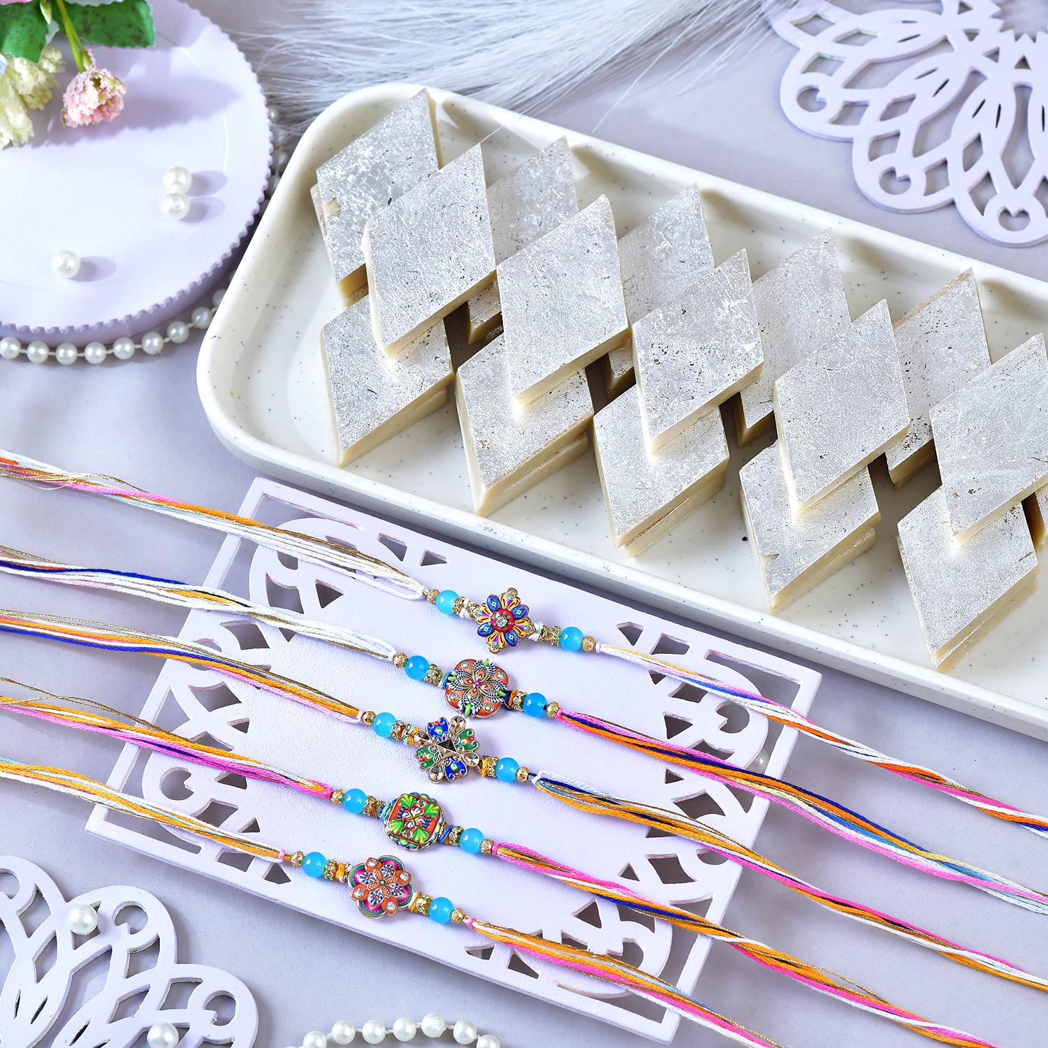 5 Designer Rakhi Set With Kaju Katli