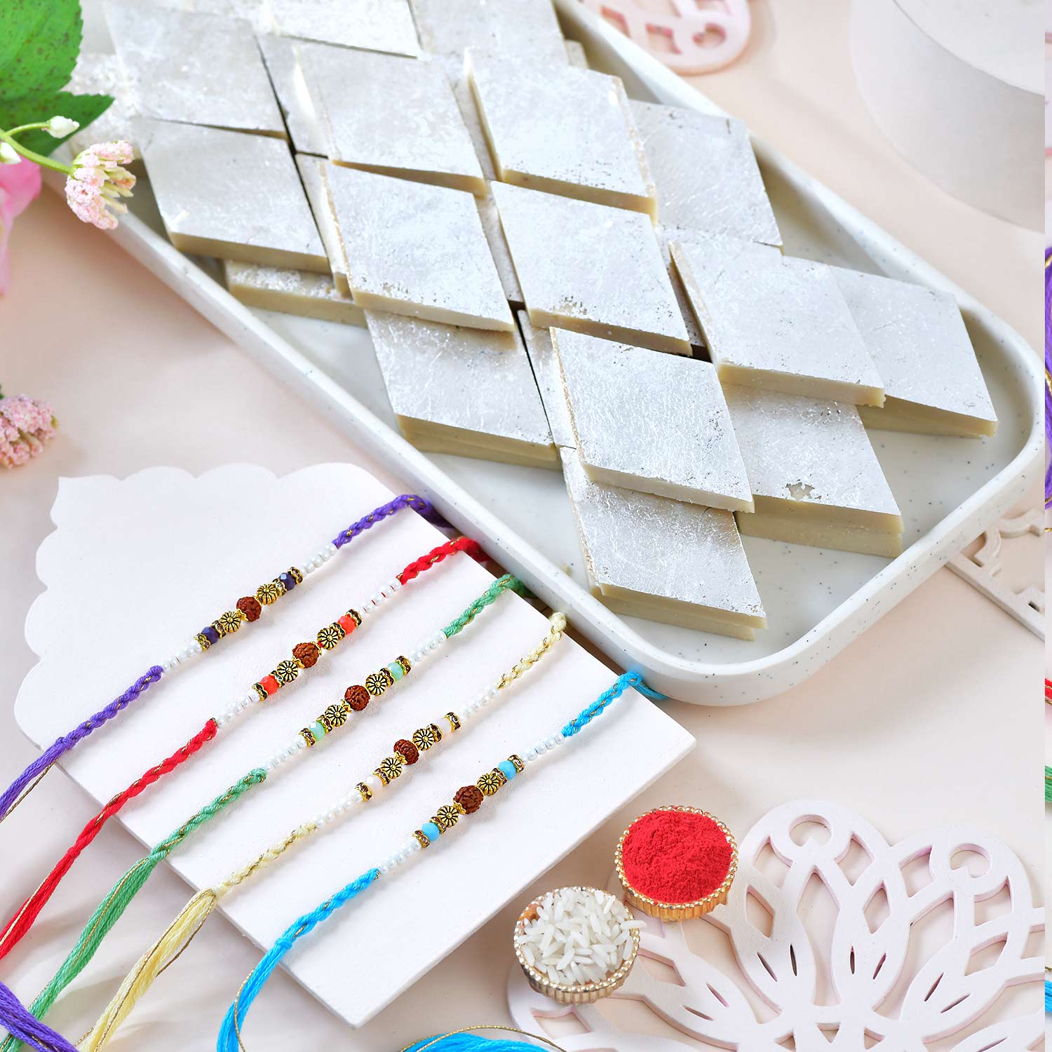 Five Hand Crafted Rudraksh Rakhi With Kaju Katli