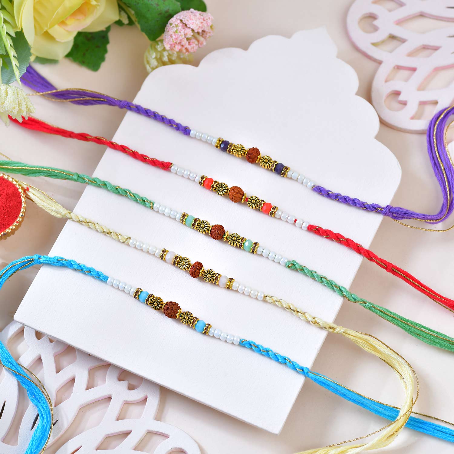 Five Hand Crafted Rudraksh Rakhi With Kaju Katli