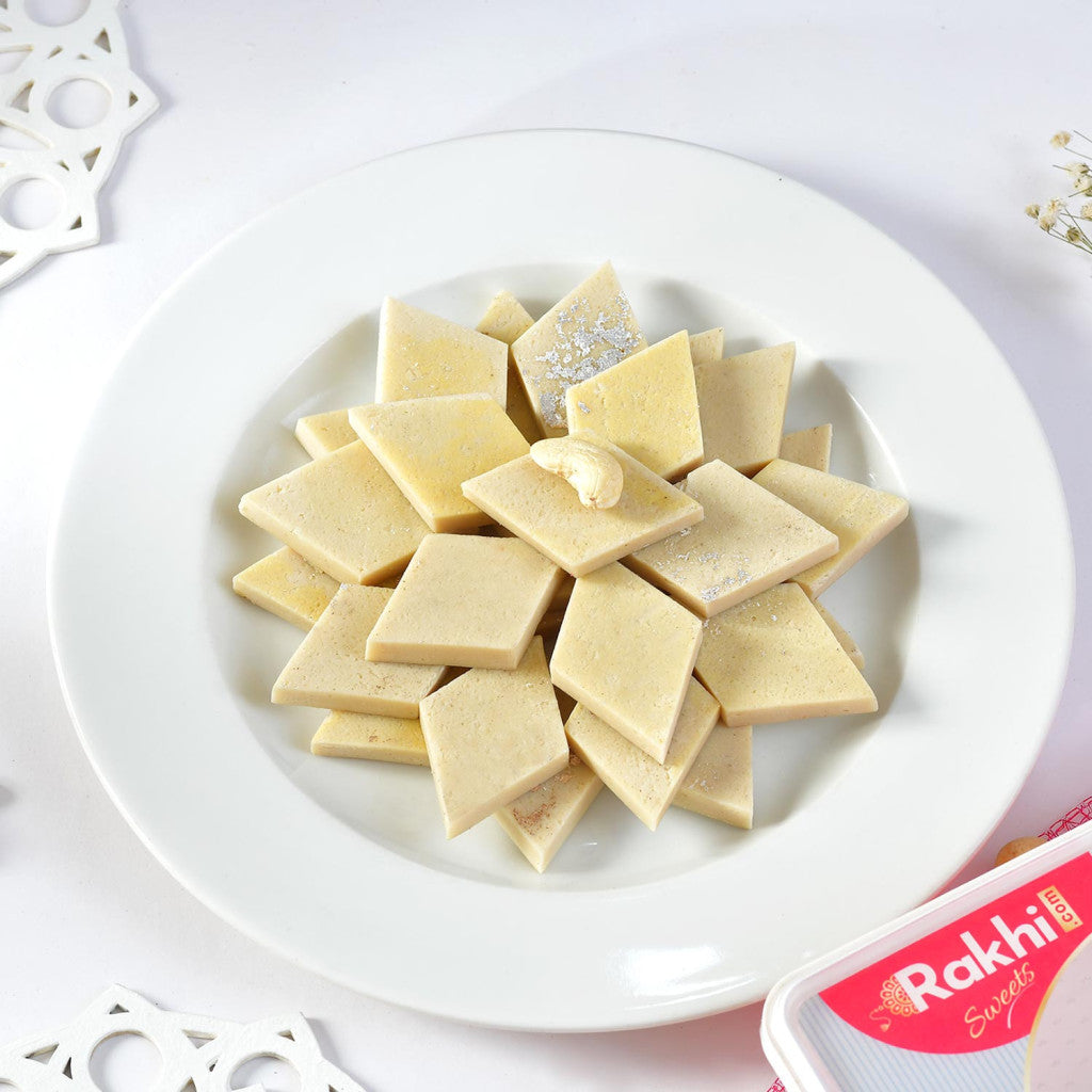 Saffron Rudraksh Rakhi With Kaju Katli